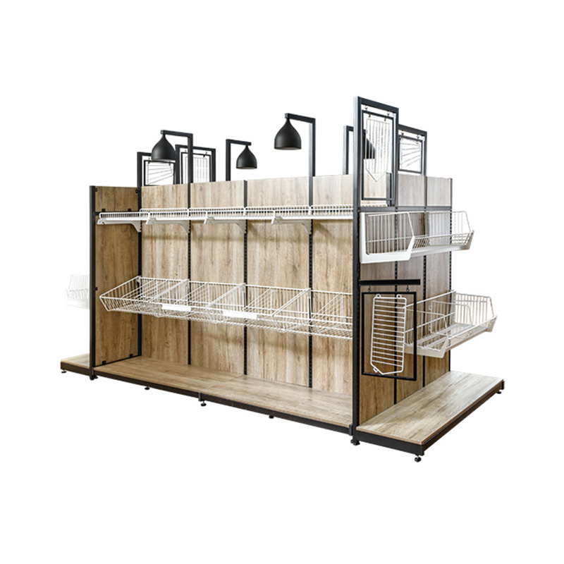 Soporte de exhibición premium de doble cara con panel trasero de veta de madera y canasta colgante - Estante de exhibición para refrigerios y artículos generales
