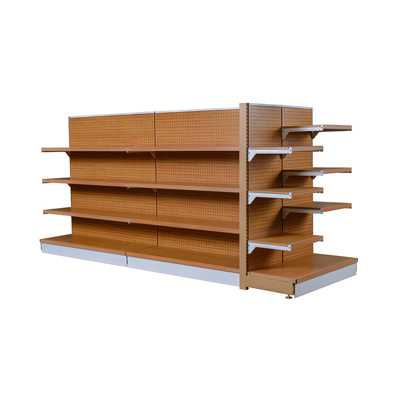 Estante expositor de doble cara con vetas de madera para tiendas de conveniencia y supermercados